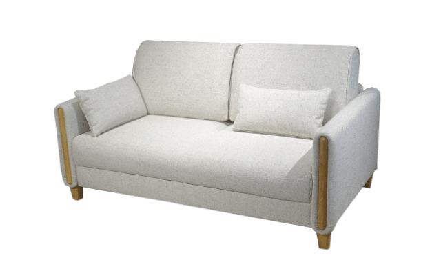 This very compact Dunya sofa bed with a bed length of 210 cm. and oak accents.